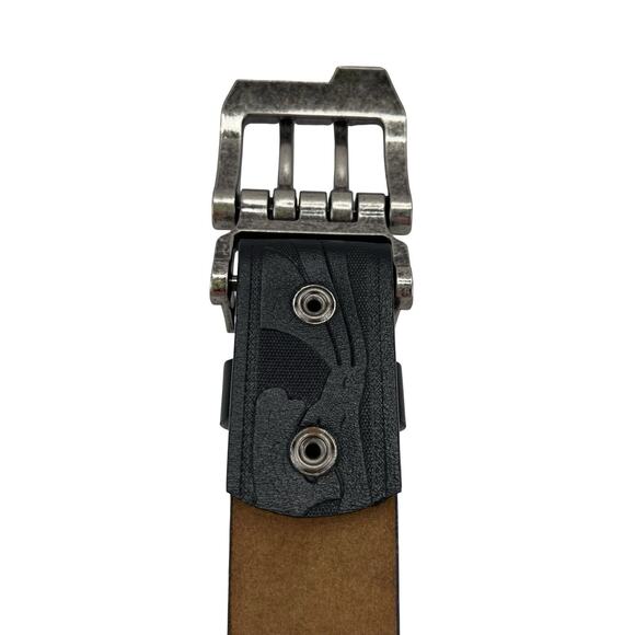 BISON DENIM Belt Dual-Prong Rugged Buckle Black/Brown Leather Sz 34–36 - Picture 9 of 9